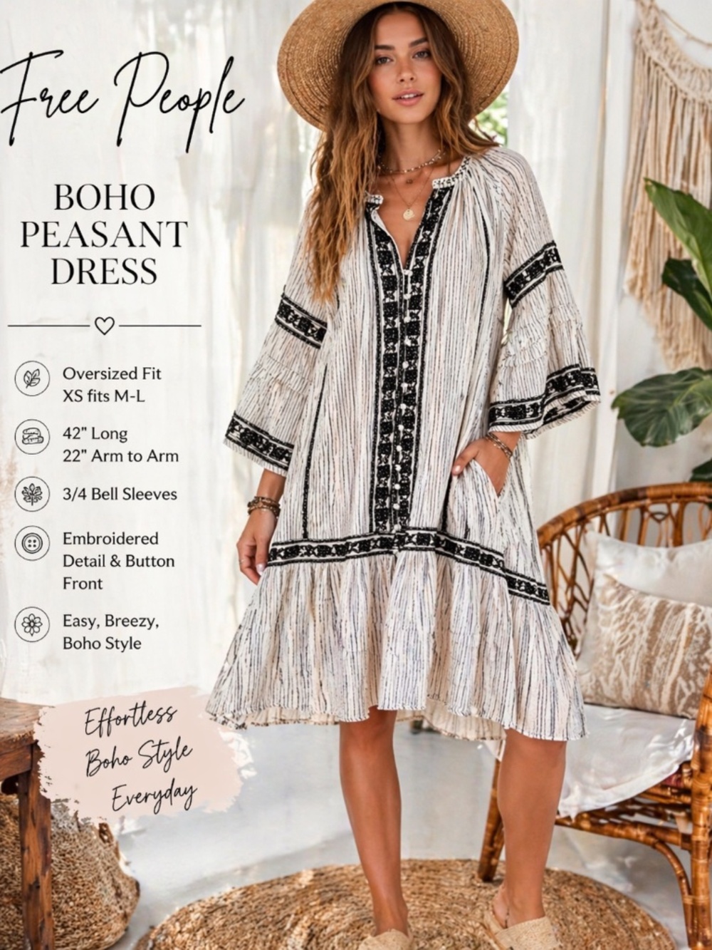 Free People Boho Peasant Dress Oversized XS Fits M-L